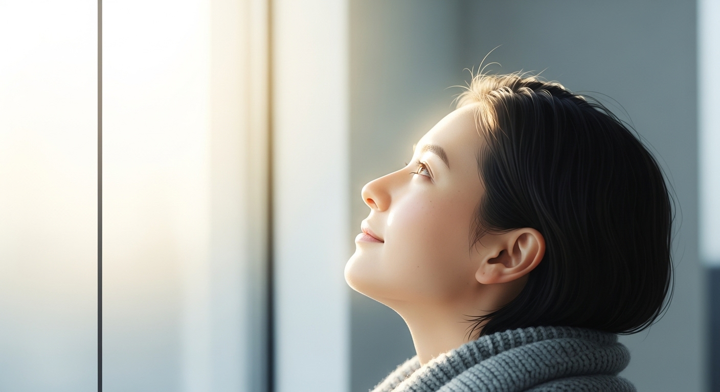 창밖의 햇살을 바라보며 평화롭고 희망찬 표정을 짓는 사람의 모습. 긍정적인 사고와 마음의 평화를 상징합니다.