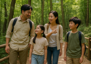 직동근린공원 숲에서 산행하는 가족 모습
