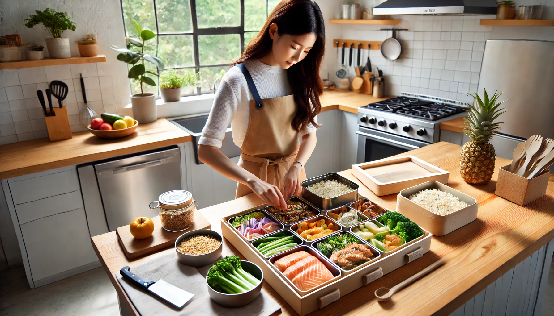 한국인이 주방에서 저속노화 도시락을 직접 준비하는 과정