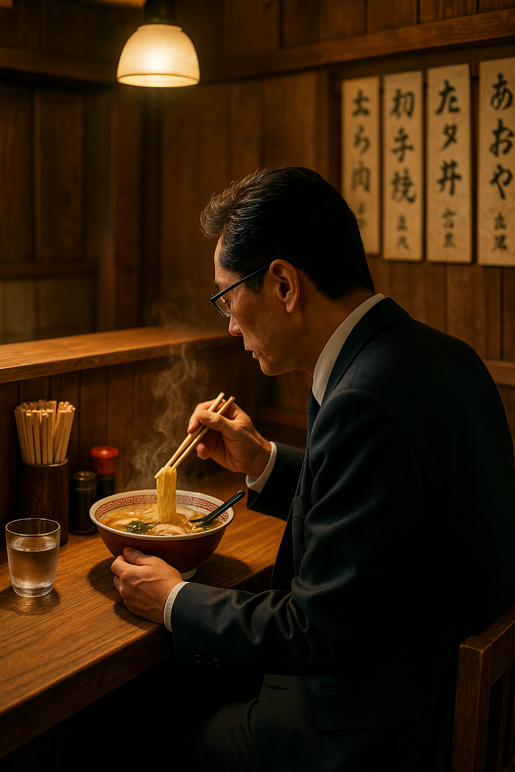 고독한 미식가 드라마 스타일의 혼밥하는 직장인 일본 음식점 장면