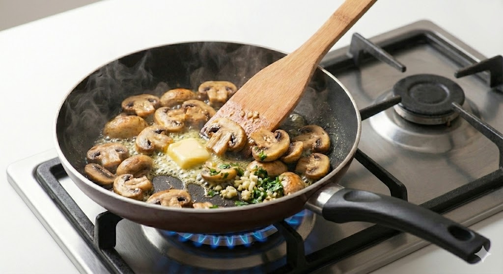 기름과 함께 볶아 조리하여 강력한 항산화 성분인 폴리페놀의 체내 흡수율을 극대화하고 노화 방지 효능을 높이는 양송이버섯 오일 볶음