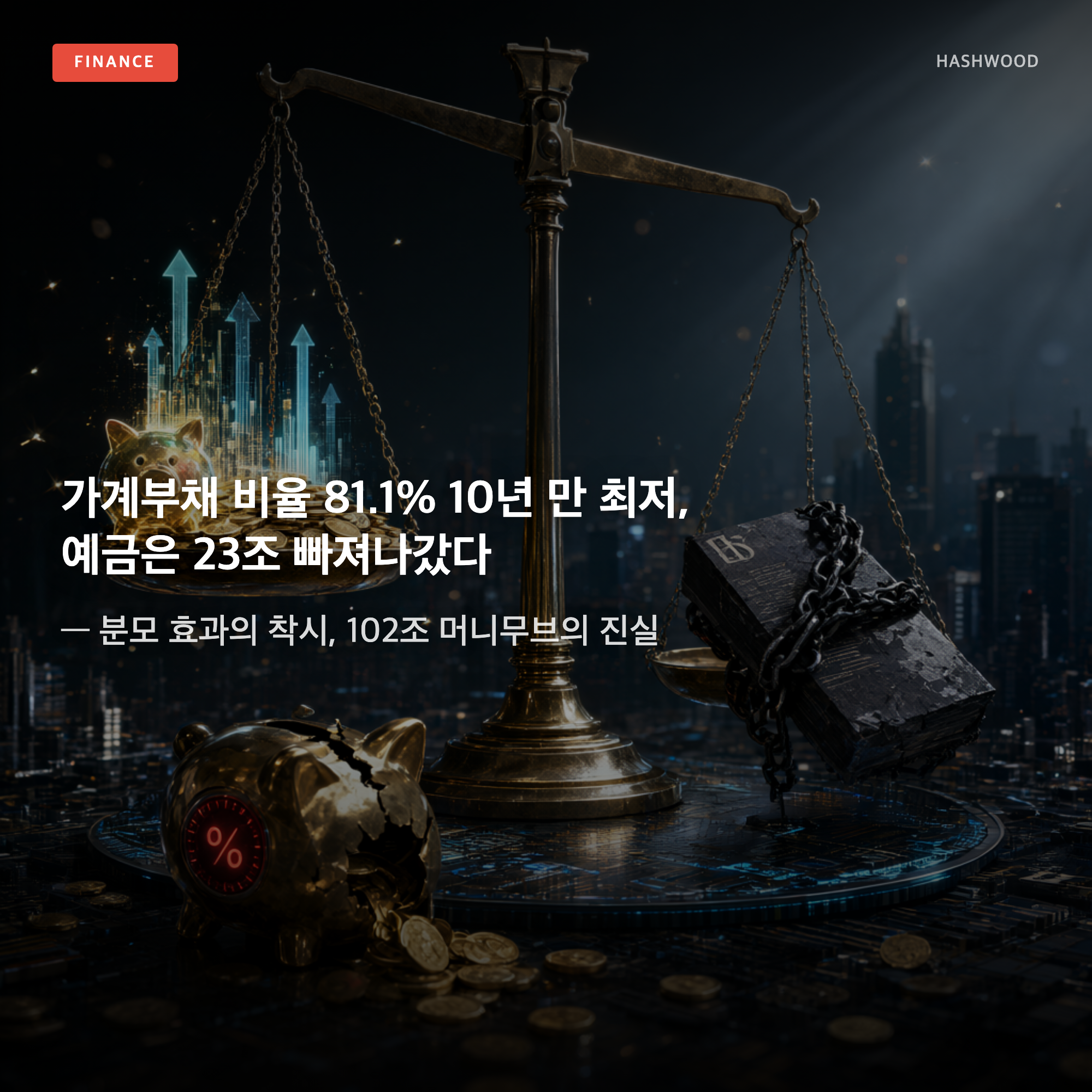 그림: 가계부채 비율 81.1% 10년 만 최저, 예금은 23조 빠져나갔다 — — 분모 효과의 착시, 102조 머니무브의 진실
