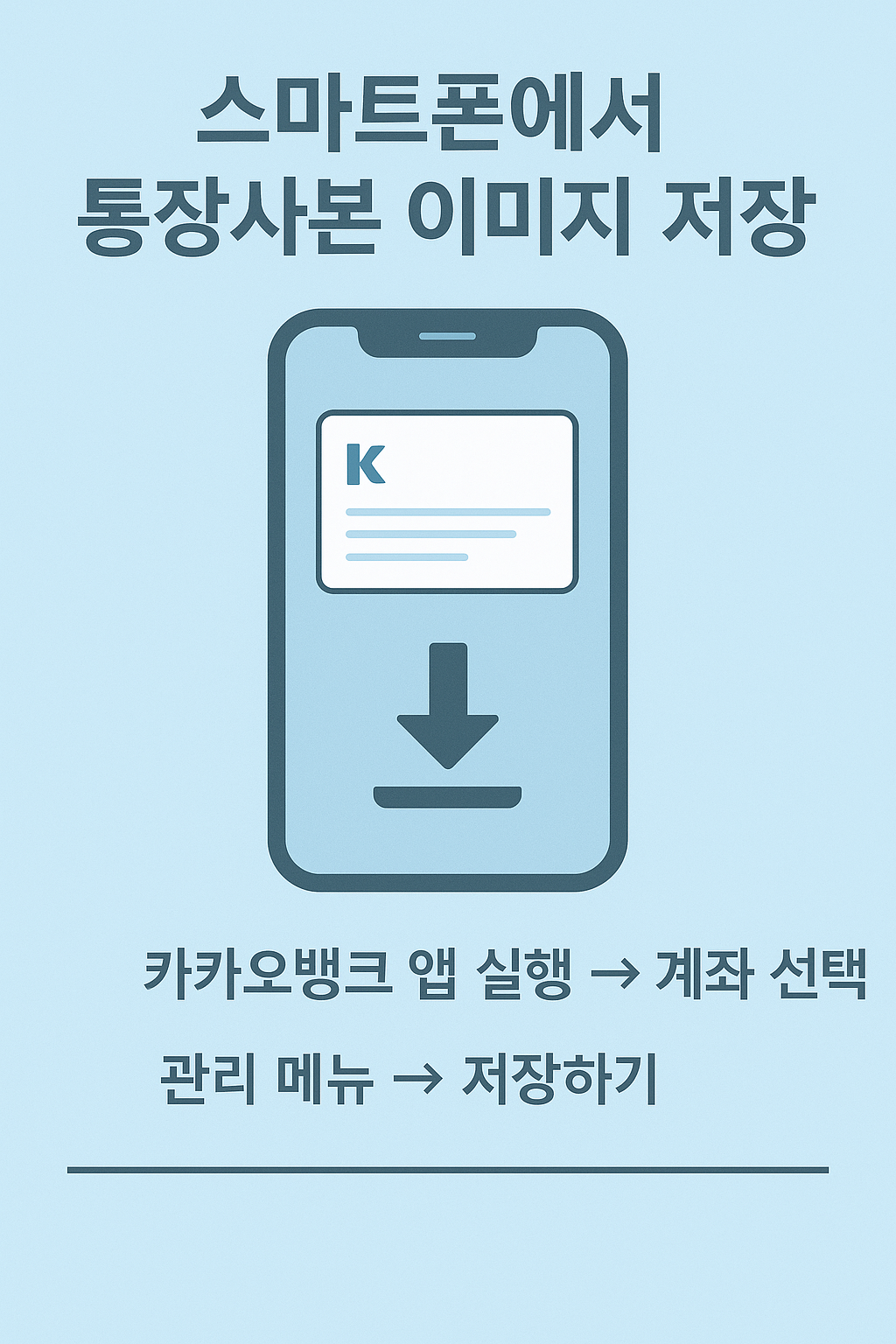 카카오뱅크 앱에서 계좌를 선택하고 관리 메뉴를 통해 통장사본 이미지를 저장하는 방법 안내 이미지
