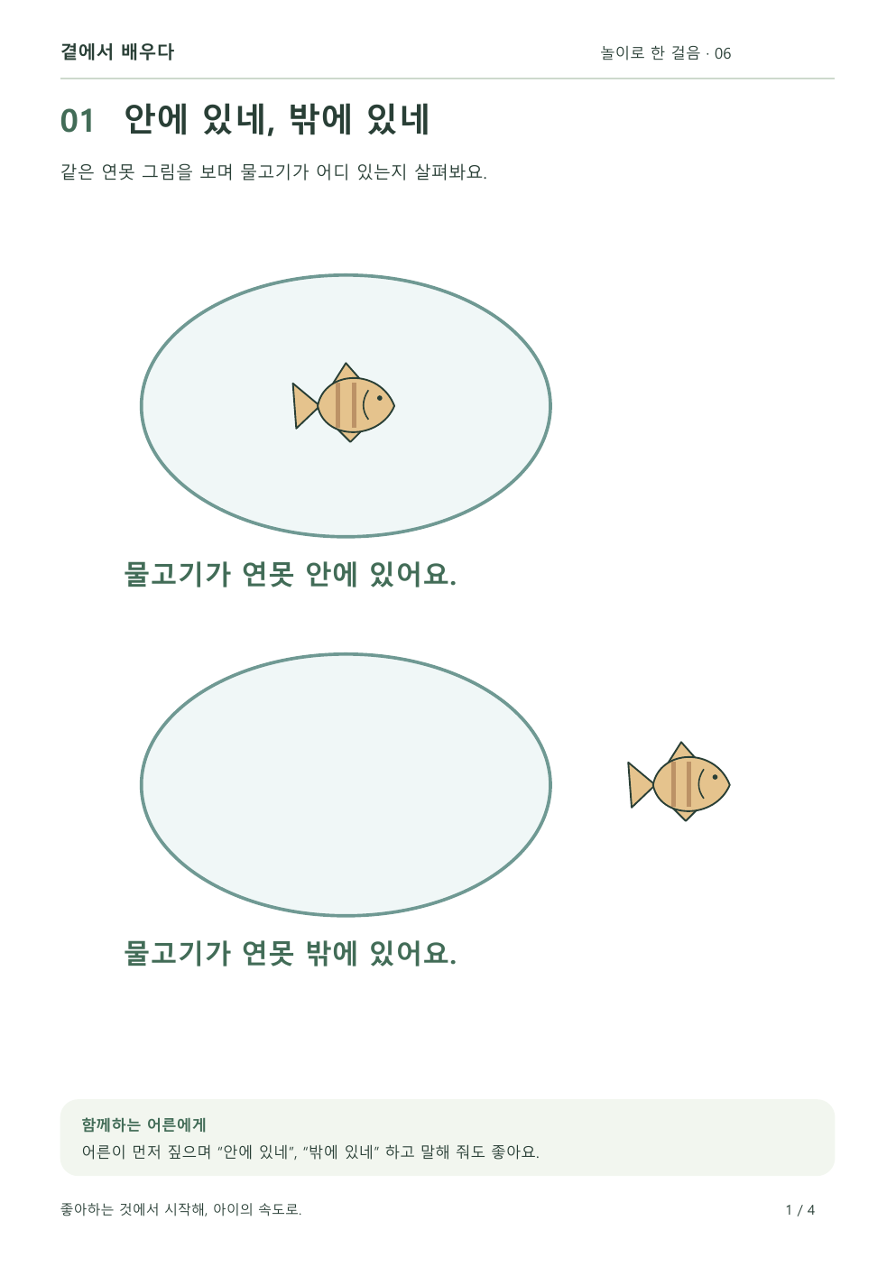 1쪽 활동지: 같은 연못 그림의 안과 밖에 있는 물고기