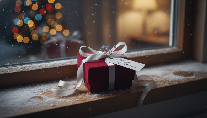 눈 내리는 창가에 놓인 정성스럽게 포장된 크리스마스 고백 선물 상자.