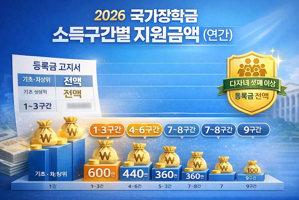 2026 국가장학금 소득구간별 연간 지원금액(1~9구간) 요약 그래프