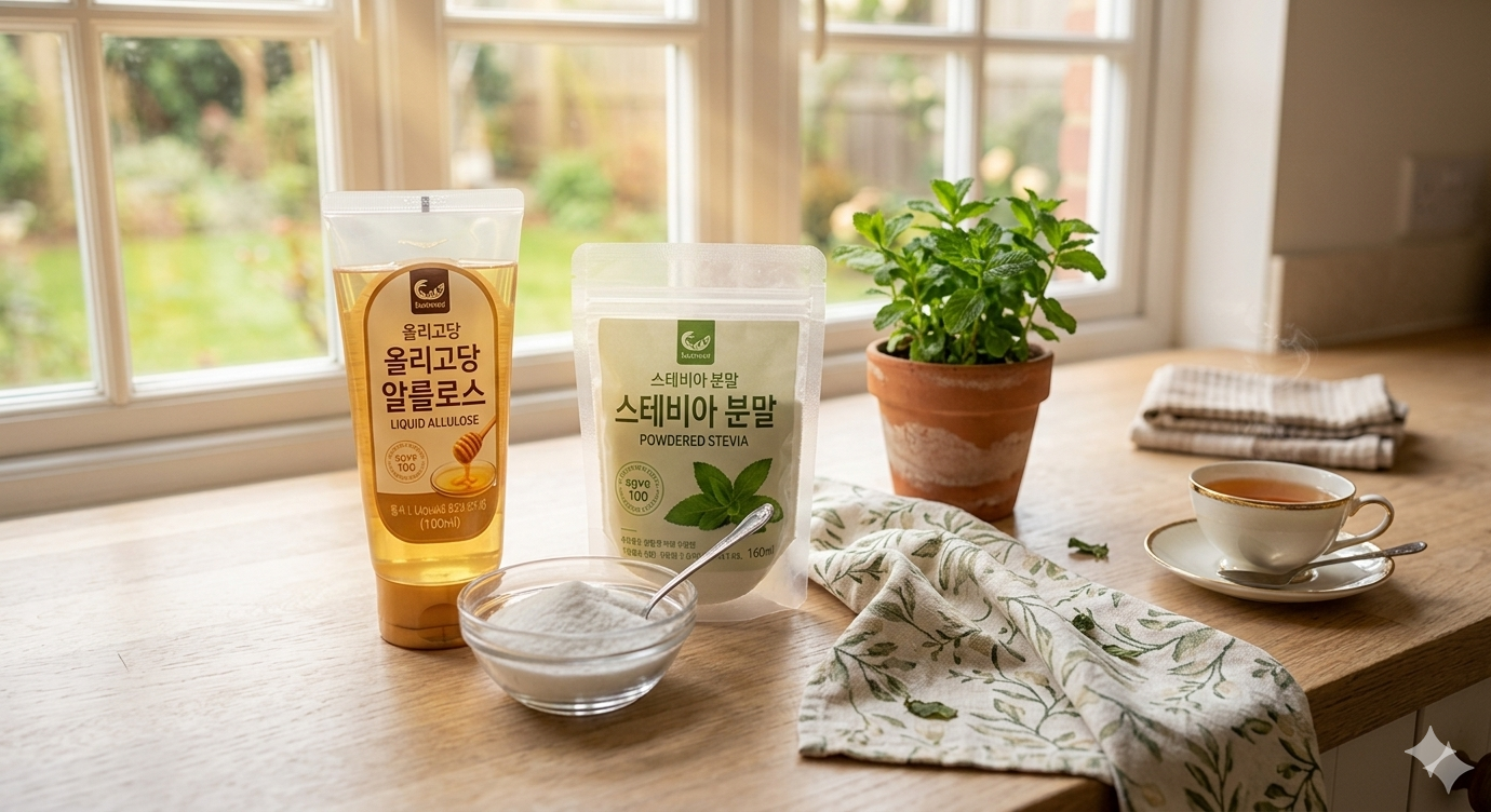 알룰로스 액상형은 튜브형 제품으로, 스테비아는 포장지 제품 모습. 창가의 심플한 주방에 비치해줘.감성적 사진