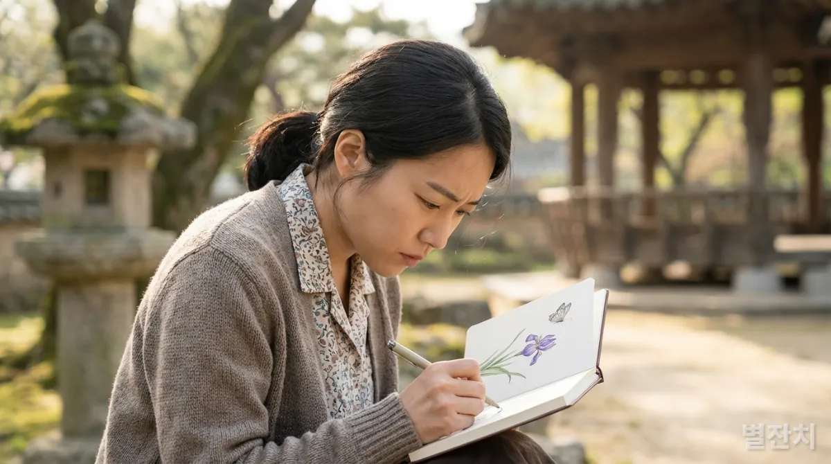 한국 여성 연구자가 전통 정원에서 꽃을 세밀하게 관찰하며 노트에 기록하는 모습