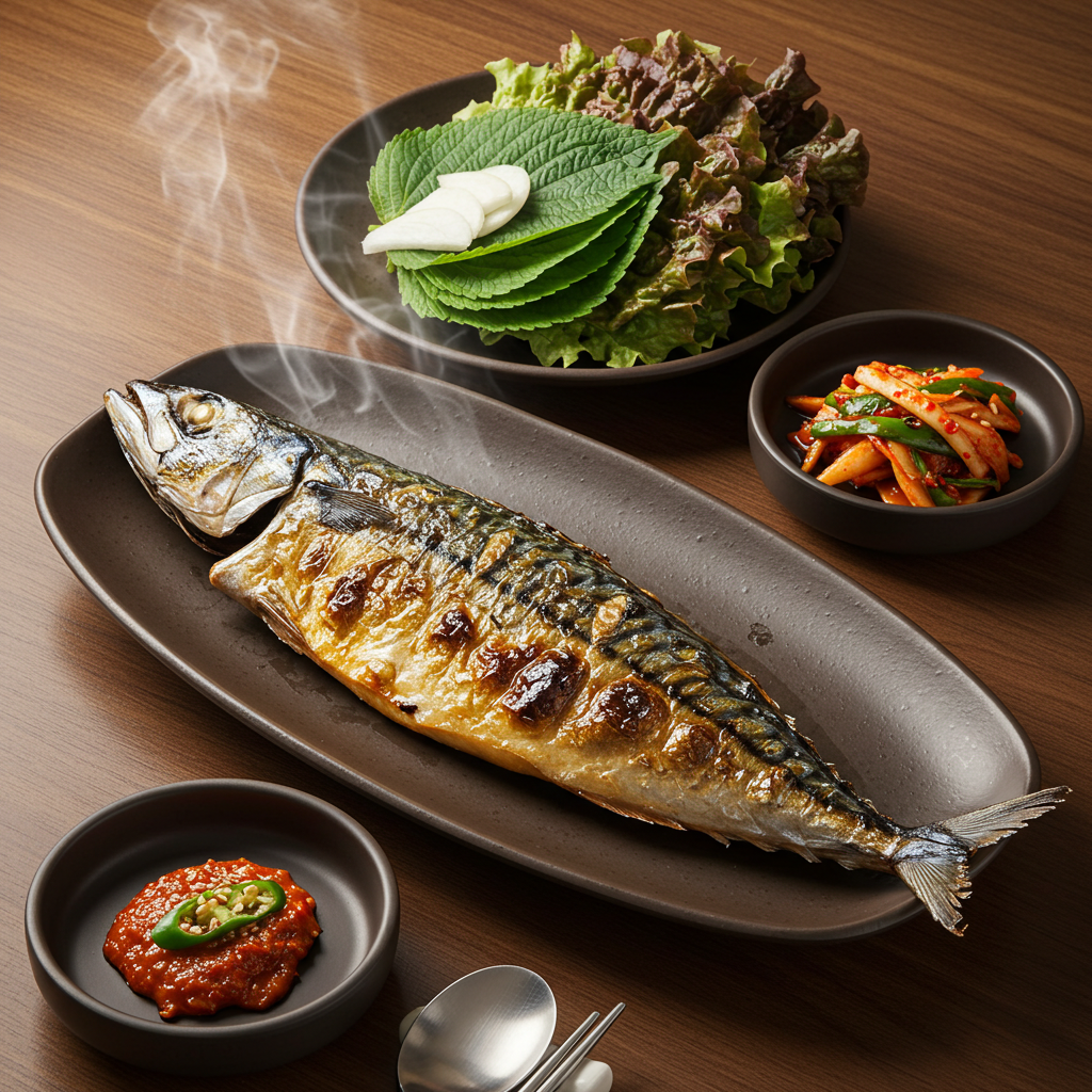 김이 모락모락 나는 고등어구이 한상과 신선한 쌈채소