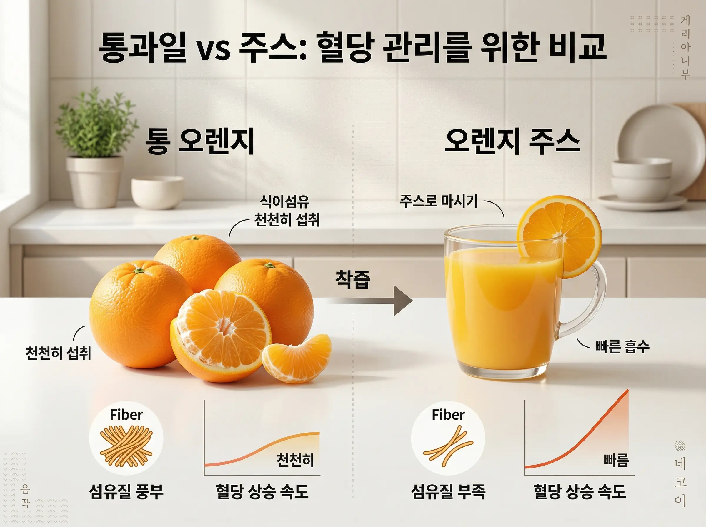 오렌지주스 한 컵과 통오렌지가 함께 놓인 비교 이미지