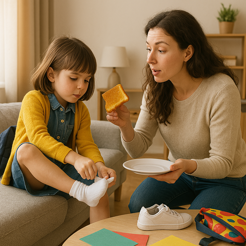 유치원 등원준비를 바쁘게 하는 엄마와 아이