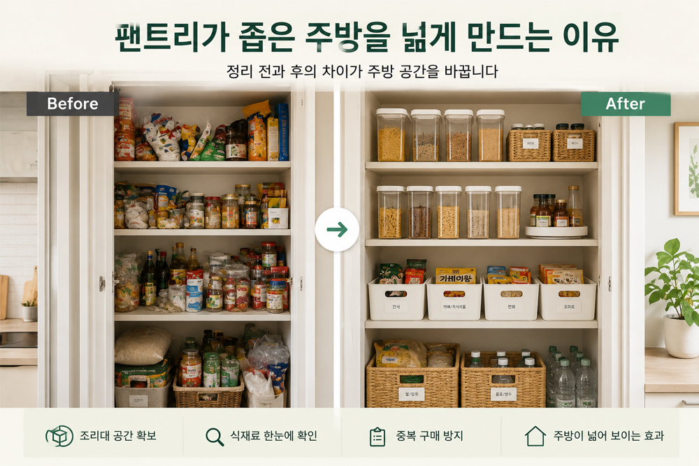 팬트리 정리 전후 비교 이미지. 정리되지 않은 팬트리와 투명 밀폐용기·수납 바스켓으로 깔끔하게 정리된 팬트리를 비교해 좁은 주방이 넓어 보이는 수납 효과를 보여주는 모습.