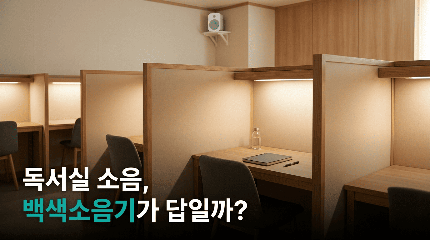 독서실 부스 내부와 벽면에 설치된 백색소음기를 표현한 이미지, 조용한 독서실 소음 관리 개념