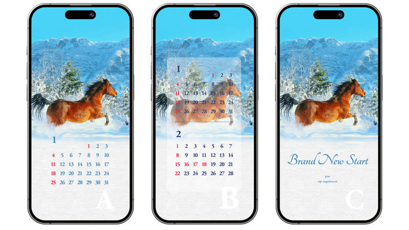 01 눈 위를 달리는 갈색 말 ABC - 2026년1월 아이폰배경화면