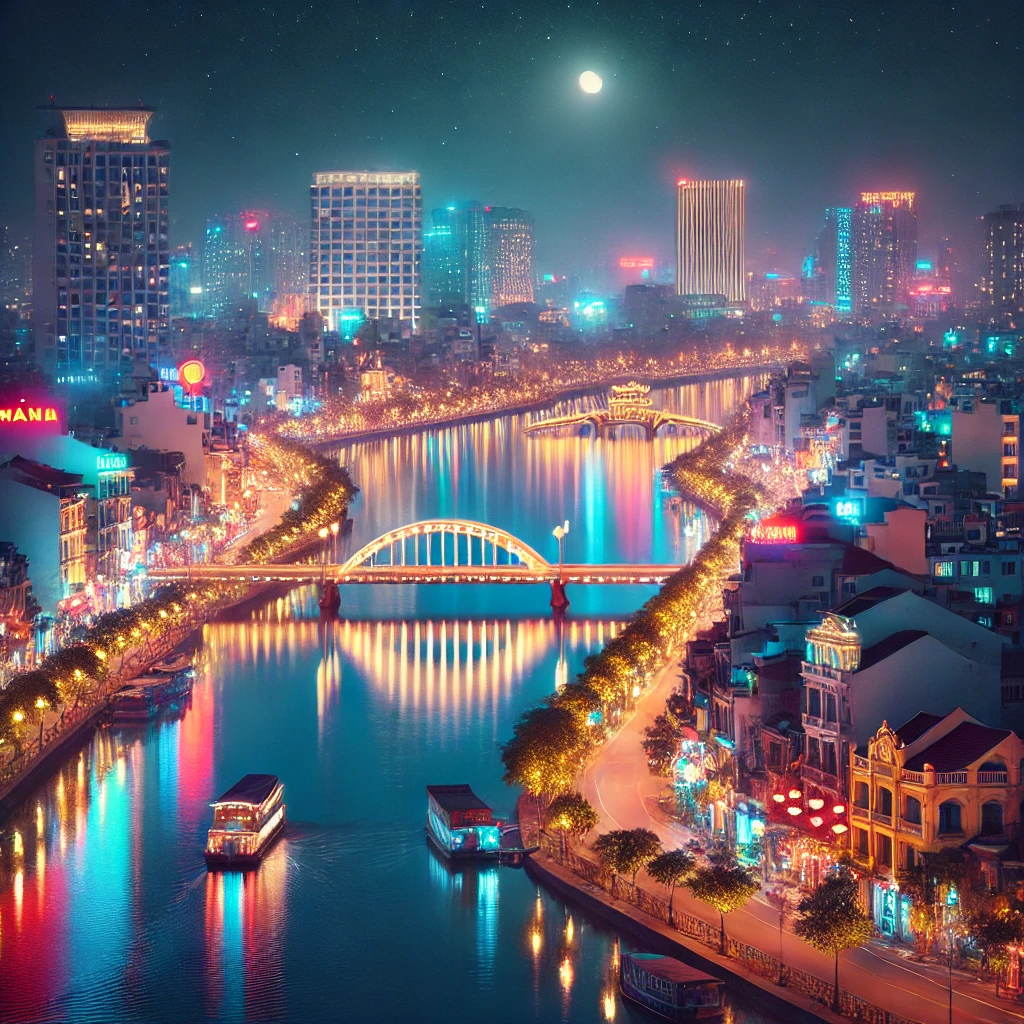 반짝이는 베트남 도시의 야경, 강과 빛이 어우러진 풍경