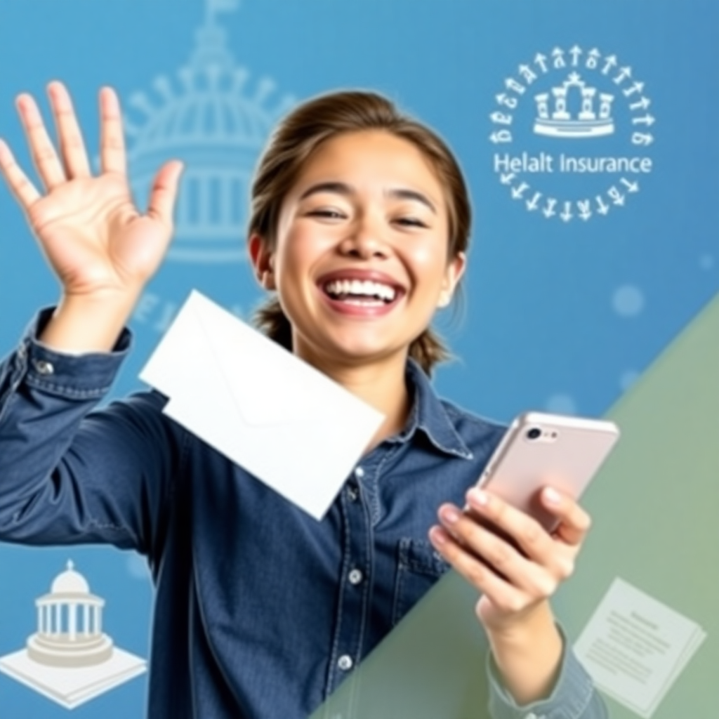 환하게 웃는 사람의 손에 우체국 봉투나 이메일/문자 메시지 형태의 환급 통지서가 들려 있는 모습을 그립니다. 배경으로는 건강보험공단 로고나 공공기관을 연상시키는 이미지를 배치하여 신뢰감을 더합니다. 기분 좋은 소식을 받은 듯한 긍정적인 분위기를 연출합니다.