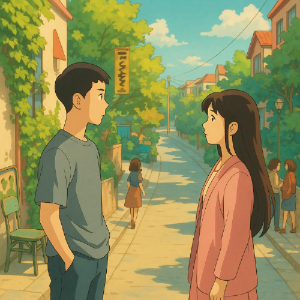 이태원 클라쓰 주인공 커플이 햇살 가득한 거리에서 서로 마주 보고 있는 장면