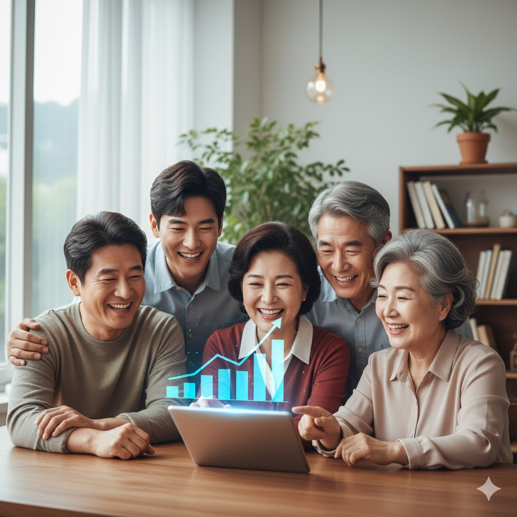 다양한 세대가 함께 모여 주식 상승을 보는 모습