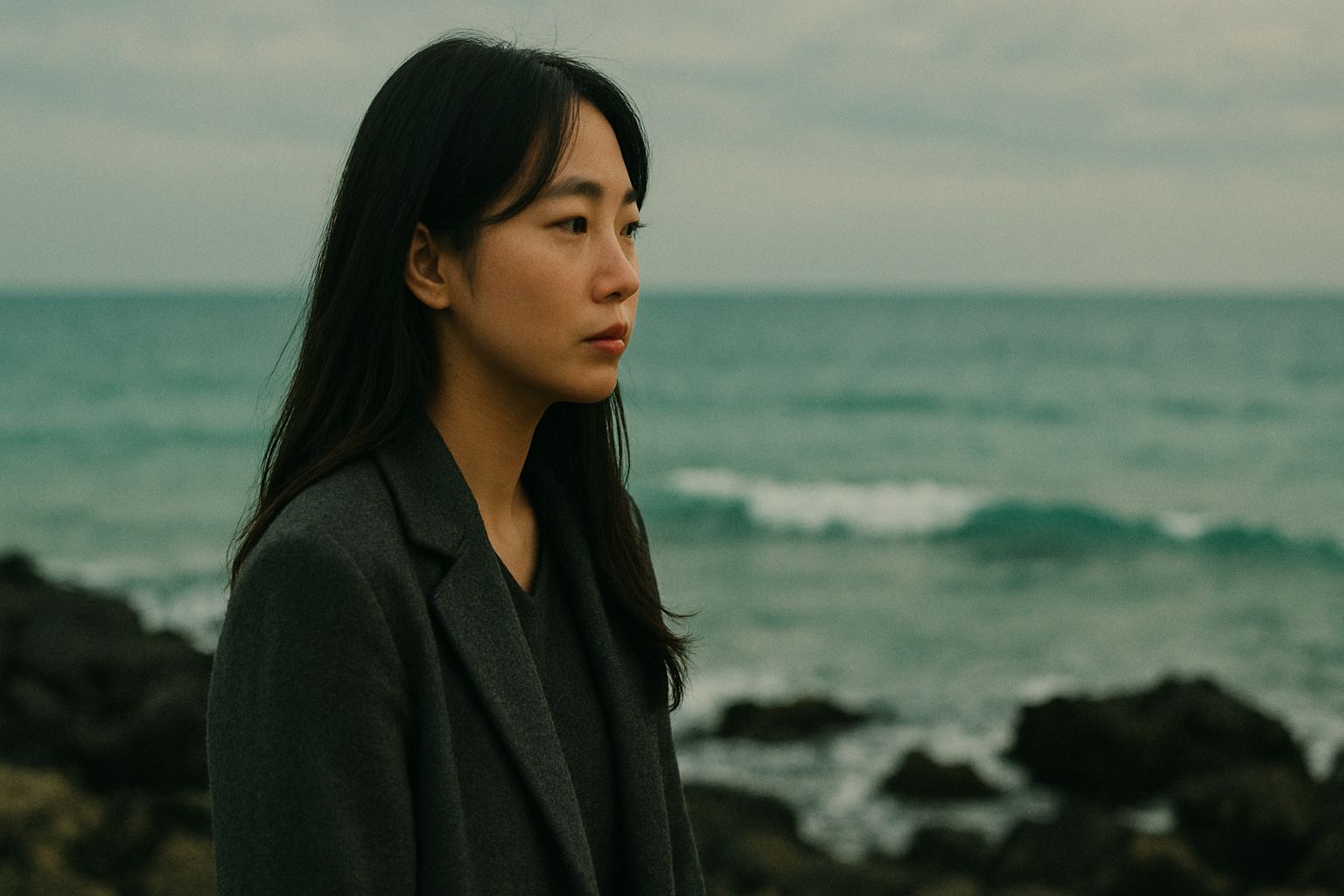 제주 바다 앞에 선 뒷모습의 한국 여성