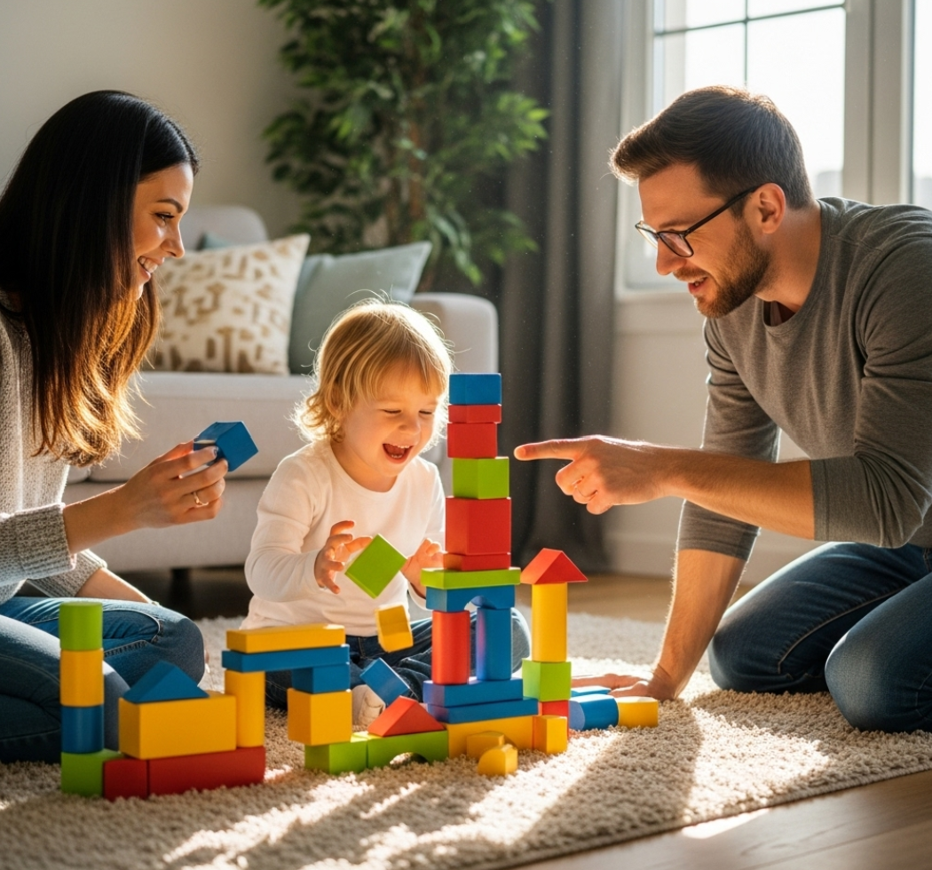 엄마 아빠 아이가 함께 즐겁게 블록쌓기 놀이하는 모습