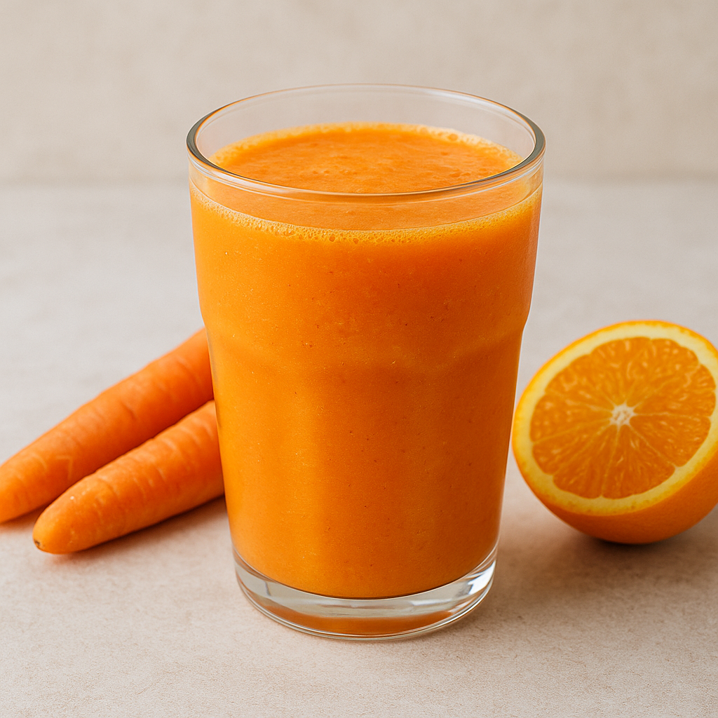 "당근과 오렌지를 블렌더에 갈아 만든 스무디 한 잔. 피부 건강과 눈 건강에 좋은 제철 주스 조합."