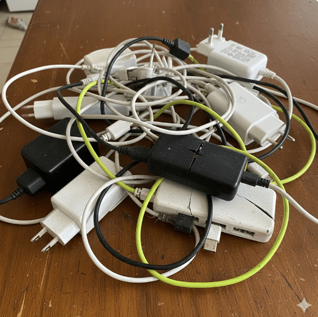 저가형 스마트폰 충전기들이 엉켜있는 사진