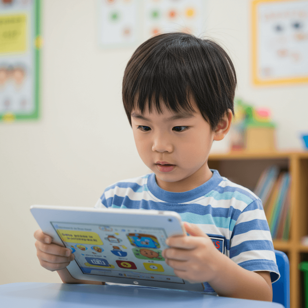 패드로 디지털 텍스트를 보고 있는 초등학생