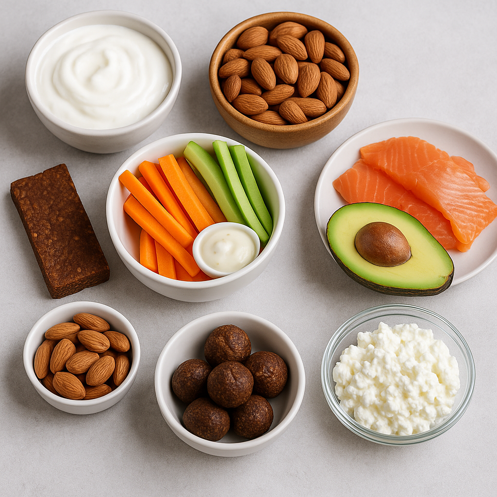 그릭 요거트, 아몬드, 채소 스틱, 단백질 바, 연어, 아보카도 등 글에서 소개한 TOP10 간식이 깔끔하게 플레이팅된 모습