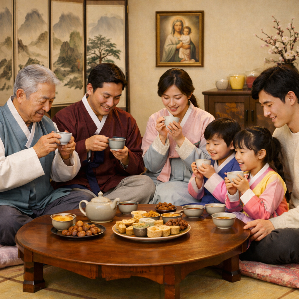 온 가족이 모여 차를 마시는 모습