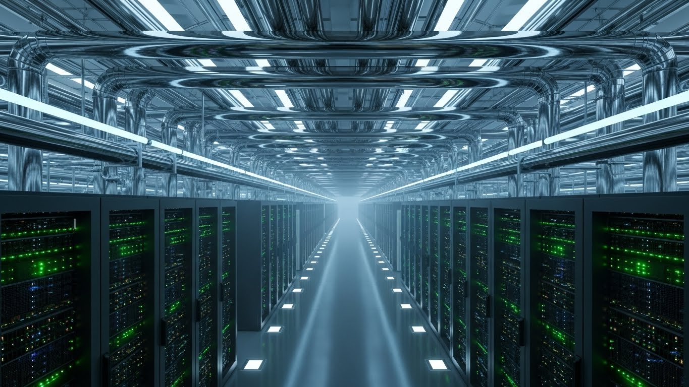 Massive scale AI data center interior, rows of server racks with blinking green and blue lights, futuristic cooling system pipes, conveying high-speed data processing, cinematic sci-fi atmosphere