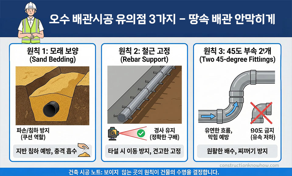 땅속 배관 막힘을 예방하는 오수 배관 시공 3원칙 인포그래픽 (1. 모래 보양 필수, 2. 철근 고정으로 경사 유지, 3. 45도 부속 2개 사용)