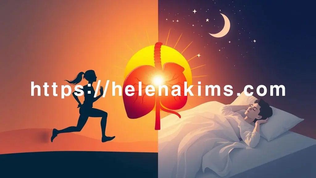 한쪽에는 활기차게 가벼운 조깅하는 모습과 떠오르는 해를 연상시키는 에너지 라인. 다른 한쪽에는 편안하게 잠든 사람의 실루엣과 고요한 밤하늘을 상징하는 이미지.