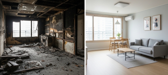 청주 화재복구 작업 전후 모습2