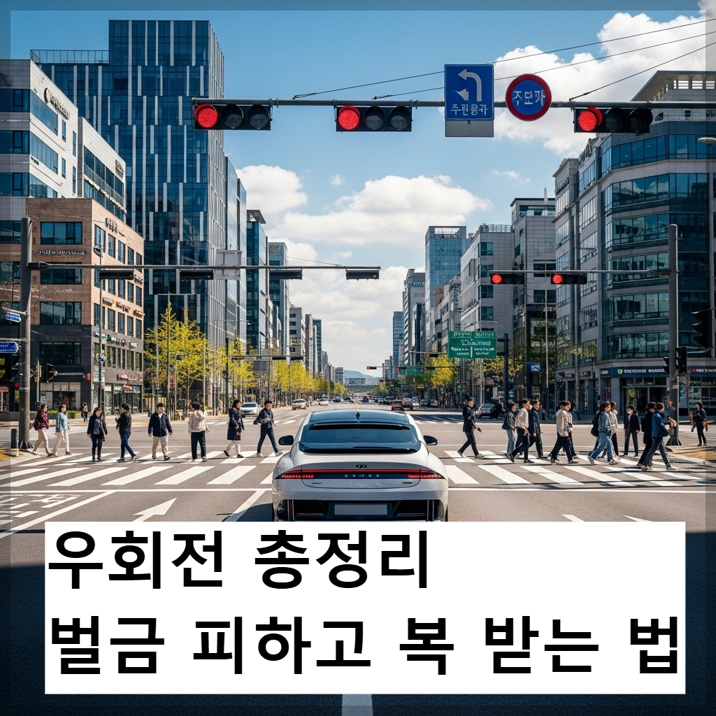 대한민국의 전형적인 도심 교차로에서 우회전하기 전 정지선 앞에 완벽하게 일시정지하고 있는 흰색 승용차. 보행자가 횡단보도를 안전하게 건너고 있으며 신호등은 빨간불인 상황. 2026년 새해의 맑고 활기찬 분위기 묘사