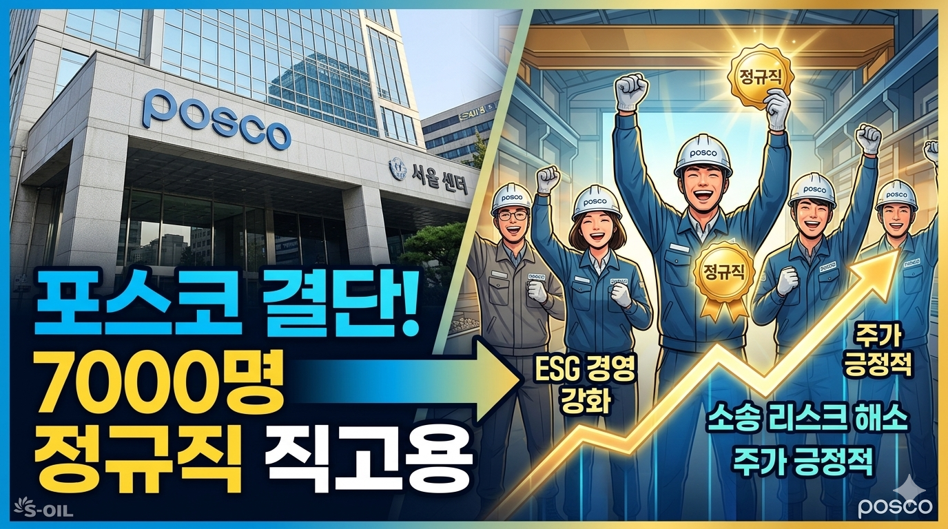 서울 강남구 포스코센터 전경과 정규직 전환을 상징하는 악수 이미지, '7000명 직고용' 문구가 강조된 이미지