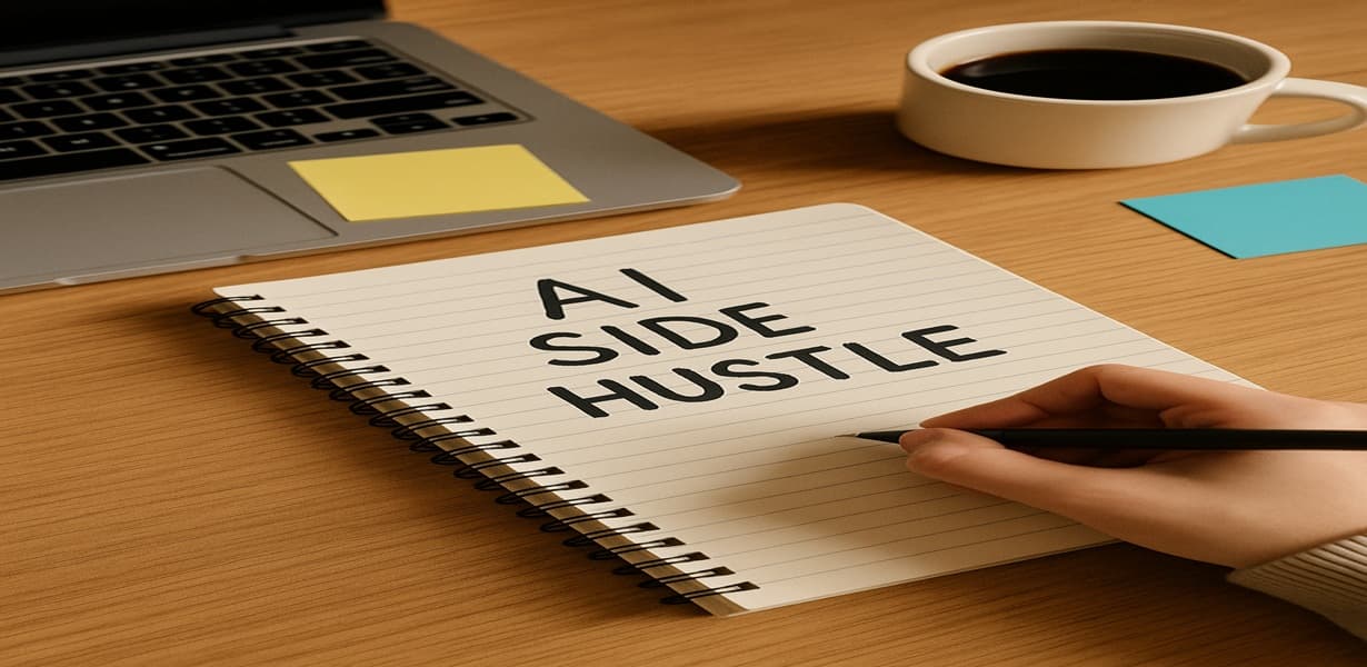 AI 부업 전략을 계획하며 ‘AI SIDE HUSTLE’이라 적힌 노트에 글을 쓰는 장면 – 책상 위에는 노트북, 커피잔, 포스트잇이 놓여 있음