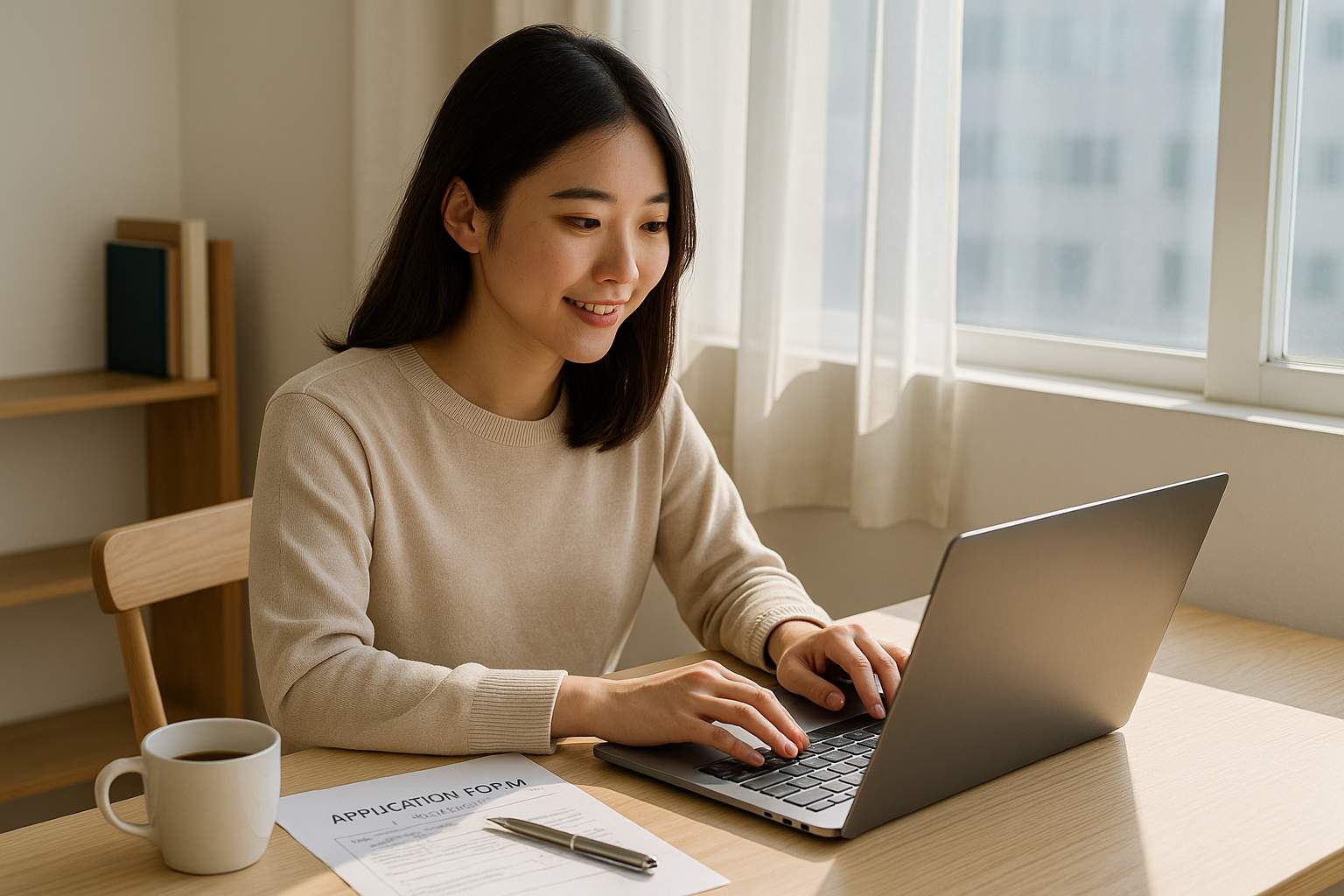 순천 청년이 원룸에서 월세 지원 신청서를 작성하는 모습. 햇살 가득한 창가 책상과 노트북. 2025년 순천시 청년 월세 지원 제도 시각화