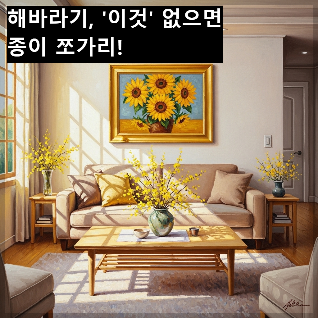 한국 아파트 거실 소파 뒤에 걸린 금색 프레임의 활짝 핀 해바라기 그림 인테리어