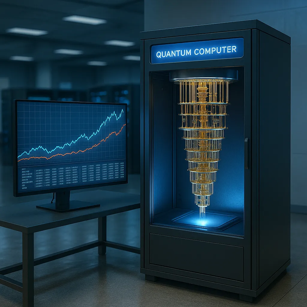 주식 그래프와 함께 배치된 양자컴퓨터 서버