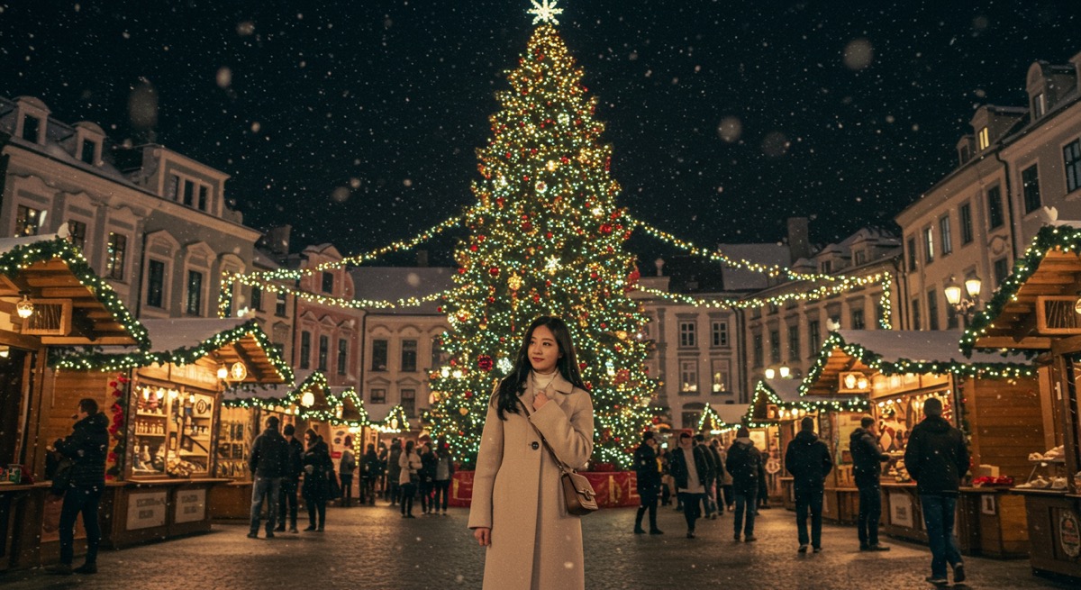 화려한 조명과 거대한 트리, 눈이 내리는 유럽 크리스마스 마켓의 낭만적인 야경