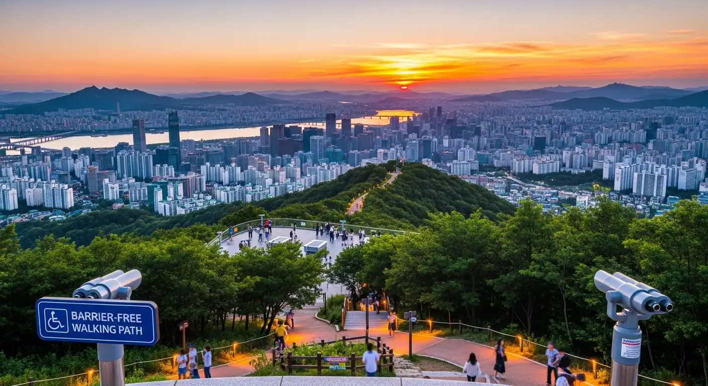 무장애-산책로라는-영어-푯말이-있는-남산-전망대에서-바라-본-서울-전경으로-멀리-일몰이-평화롭게-느껴지는-풍경-AI이미지