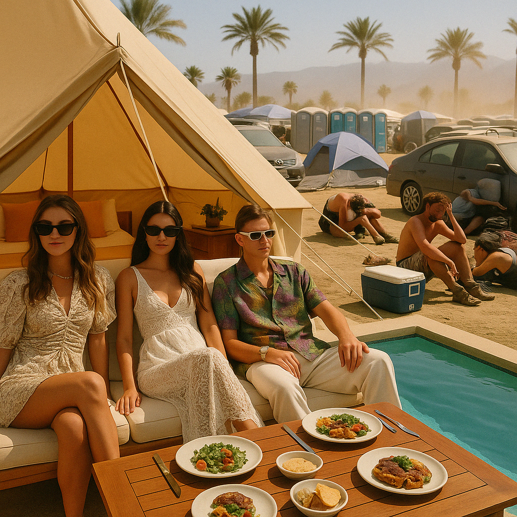 사막 캠핑장에서 고급 텐트와 수영장 옆에 앉아 식사 중인 젊은이들, 먼 배경에 더위에 지친 일반 관객들