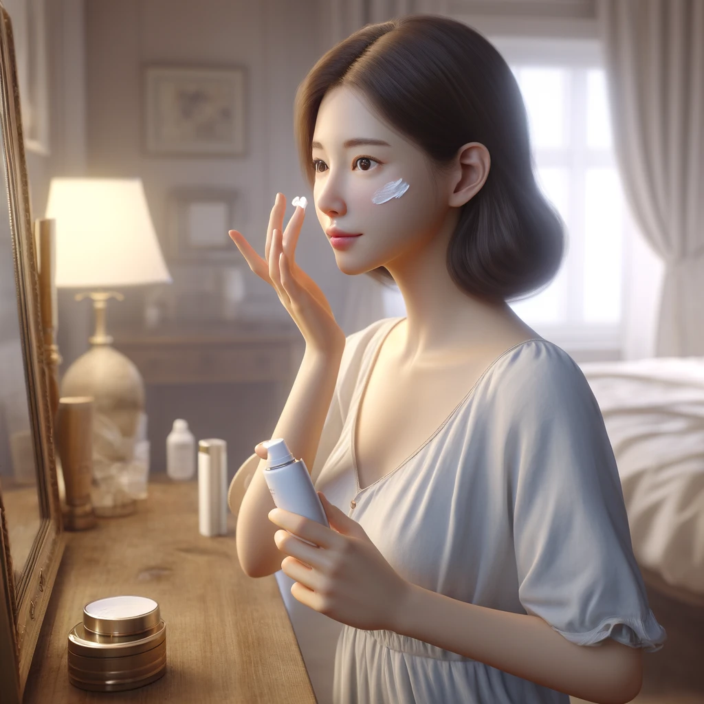 여성이 침실 드레싱 테이블 옆에서 자외선 차단제를 얼굴에 바르고 있는 모습. 그녀는 거울 앞에서 볼에 자외선 차단제를 부드럽게 펴 바르며 따뜻하고 아늑한 분위기를 연출합니다