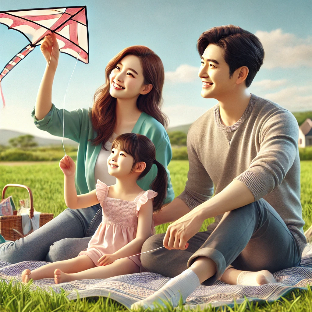 햇살 가득한 공원에서 가족이 함께 연을 날리며 시간을 보내는 모습. 아버지가 딸에게 연을 날리는 법을 가르치고, 어머니가 자랑스럽게 지켜보는 현대적인 가족