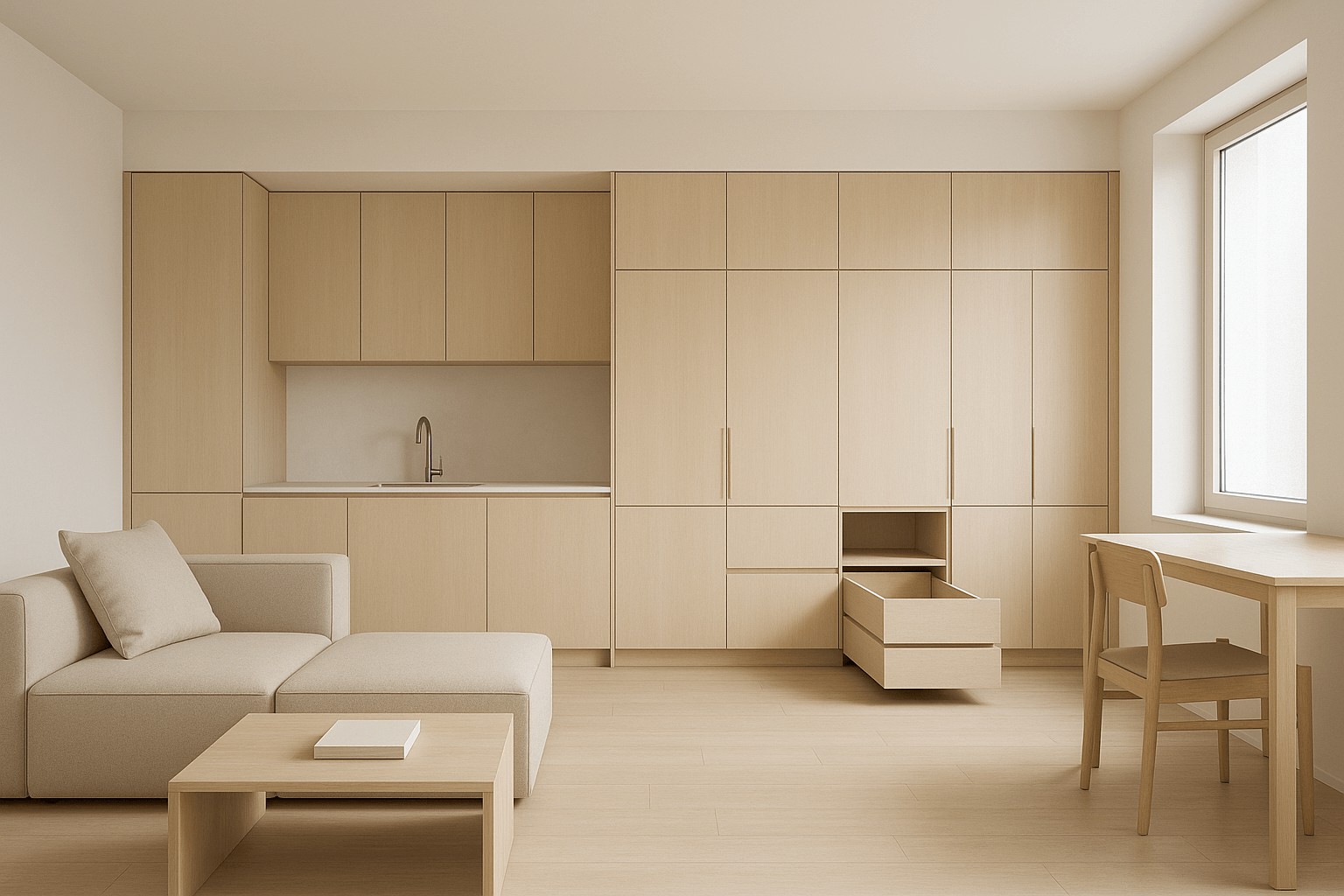 스마트 수납이 통합된 미니멀 인테리어 구조 디자인