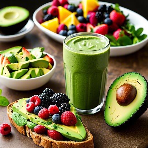 과일 건강식: 그린 스무디, 베리 샐러드, 아보카도 토스트