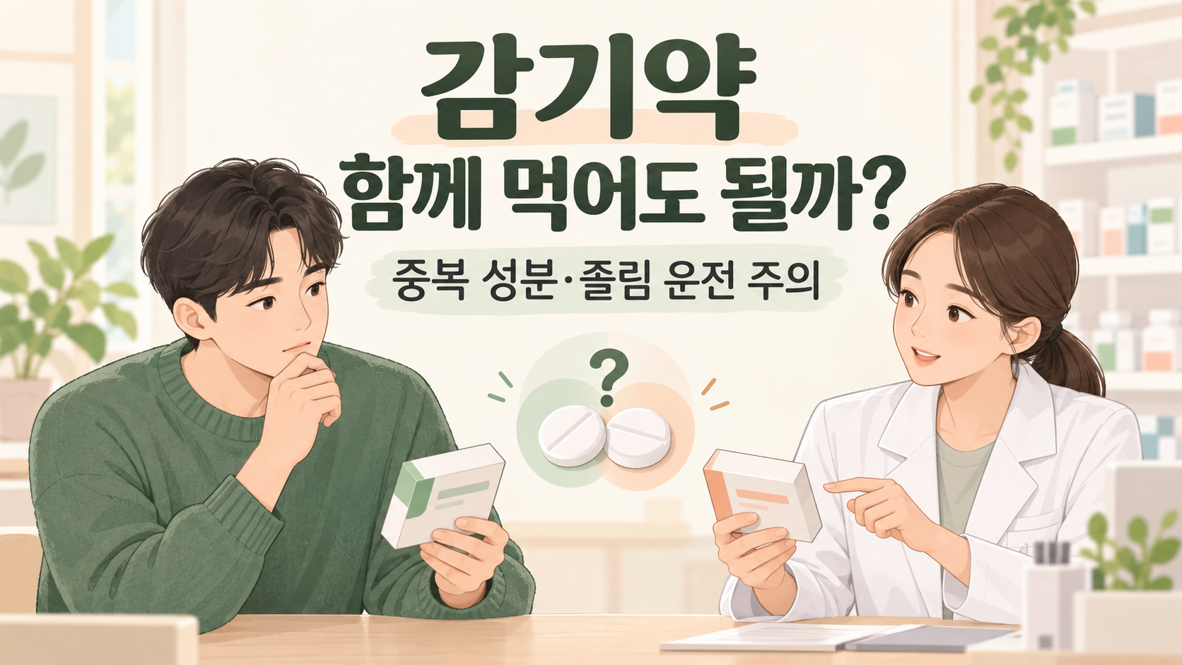 약국에서 두 가지 감기약의 성분을 비교하며 약사와 상담하는 사람