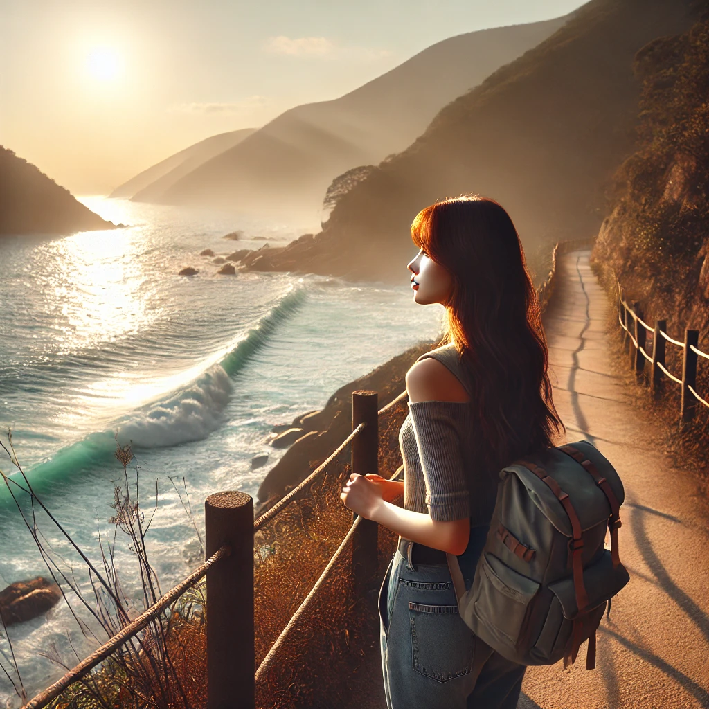 여성 혼자서 여행하는 사진