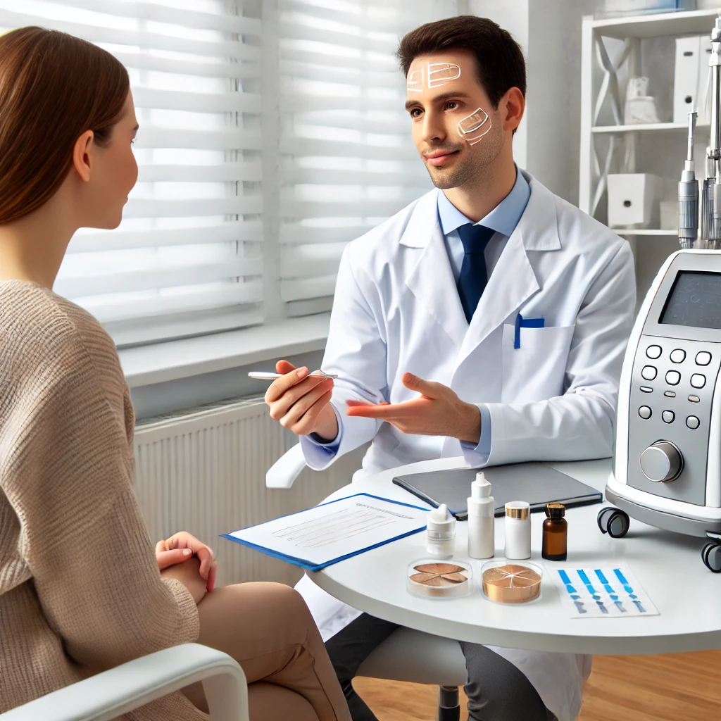 피부과에서 프락셀 미세침 시술에 대해 상담하는 장면. 전문가가 시술의 장점, 비용 및 사후 관리를 환자에게 설명하는 모습