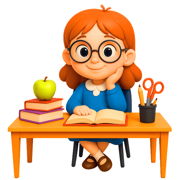 갈색 단발머리에 파란 원피스를 입은 여고생이 검정 안경을 쓰고 책상 앞에 앉아서 미소 짓는다. 책상에는 책과 청사과 연필통이 있다.